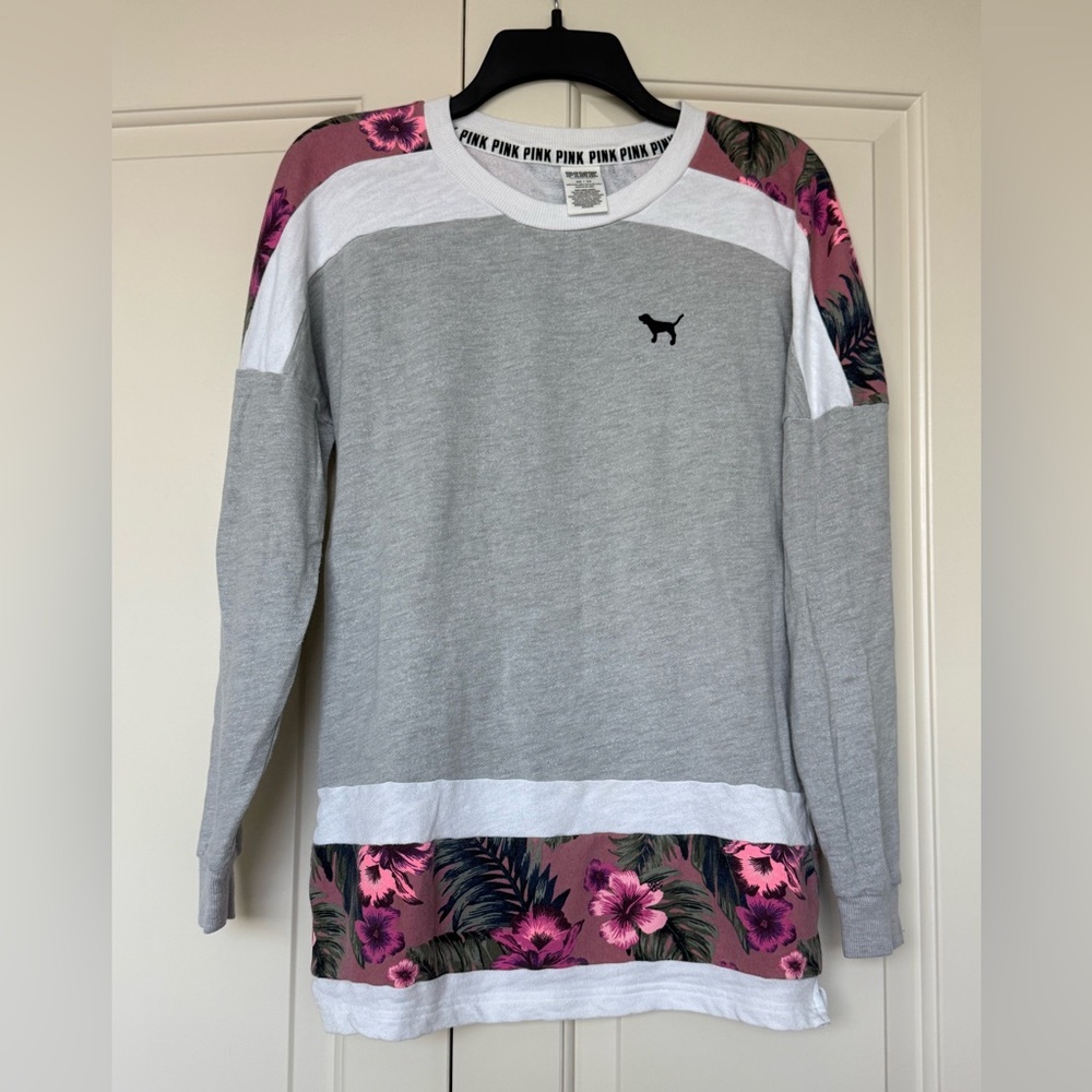PINK Victorias Secret Pink Fern Hawaiian Print Varsity Crew Sweatshirt
